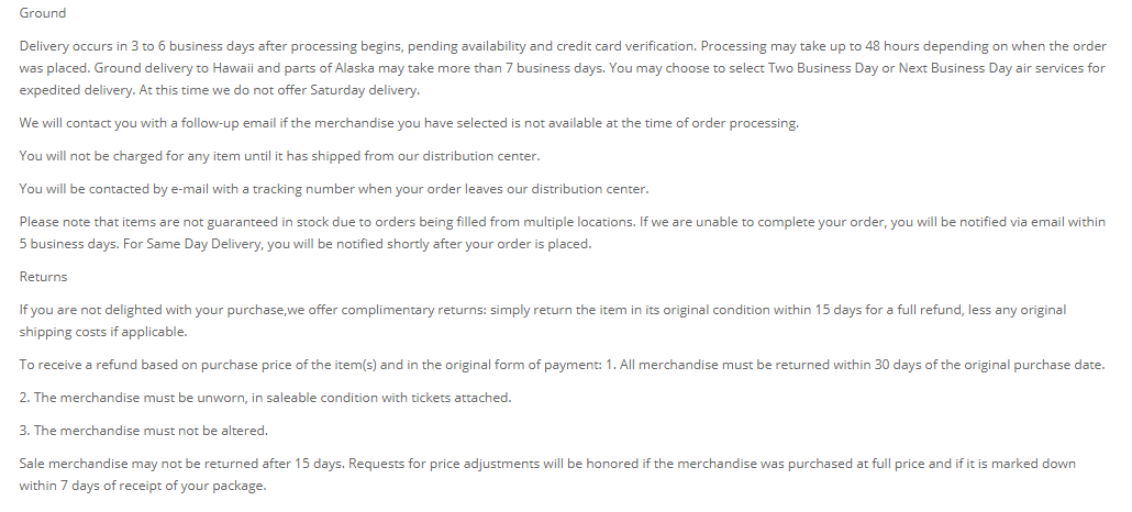 shipping and returns